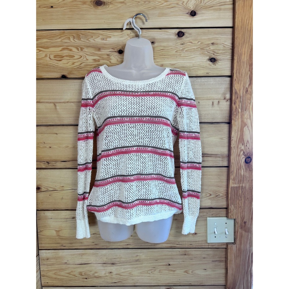 Cleo Womens XS Striped Open Knit Sweater‎ Pink Olive Cream Ramie Cotton Blend